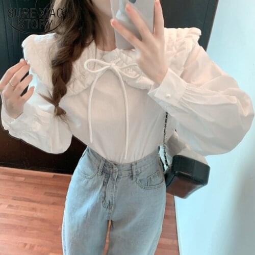Bow Loose White Blouses Soft Cotton Doll Collar Sweet Shirt Vintage Casual Elegant Tops Solid Long Sleeve Korean Style 12634
