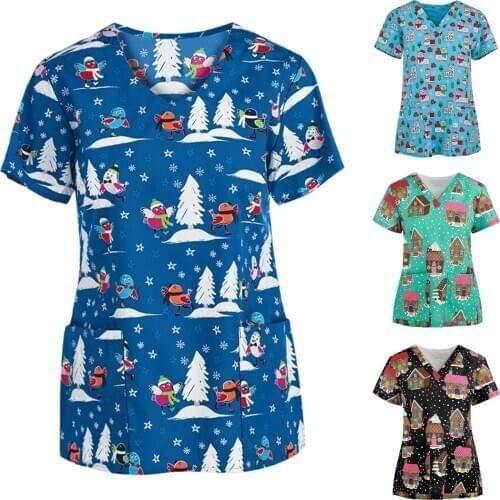 Nurse Overalls Uniforme Enfermera Women Cute Cartoon Print Short Sleeve V-neck Tops Working Uniform Blouse медицинская одеж q5