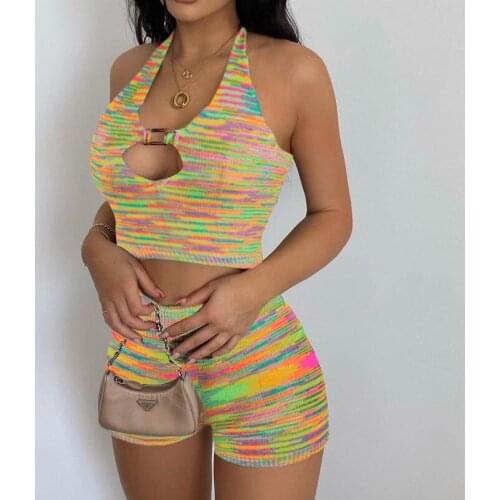 Rainbow Sexy Halter Cut Out Crop Top and Shorts 2 Pieces Matching Set Club Fashion Outfits Loungewear Womens Set