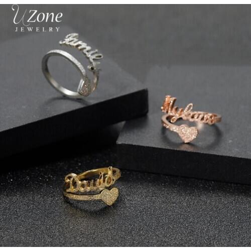 UZone Custom Frosted Love Heart Crown Name Ring Stainless Steel Personalized Letter Adjustable Rings For Women Men Handmade Gift