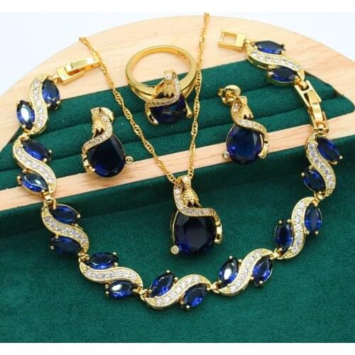 Dubai Noble Wedding Gold Color Jewelry Set for Women Bride Blue Zircon Bracelet Earrings Necklace Pendant Ring Christmas Gift