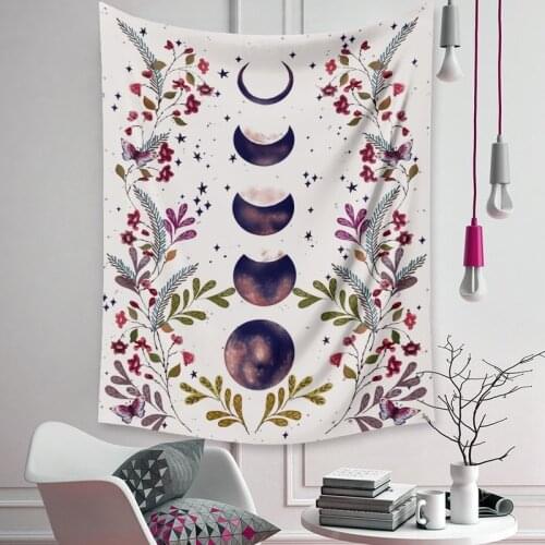 Moonlit Garden Tapestry, Moon Phase Surrounded by Vines and Flowers Black Wall Decor Tapestry 95*73cm