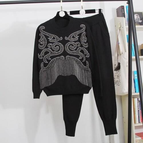 Black Gray Tracksuits Women Knitted Set Beading Chain Tassel Pullover Sweater Pants Two Piece Outfits Female Loose Knit Suit 2pc