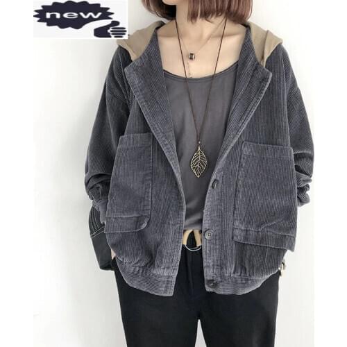 Vintage Hooded Corduroy Short Jacket 2021 Women Single-Breasted Loose Pockets Autumn Outerwear Female Casual Tooling Cargo Coat