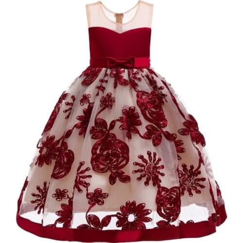 WineRed Sleeveless High-end Wedding Dresses 3D flowered Bow Vintage Girls dress Princess Bride Gowns Luxury Sparkle Kids Dress