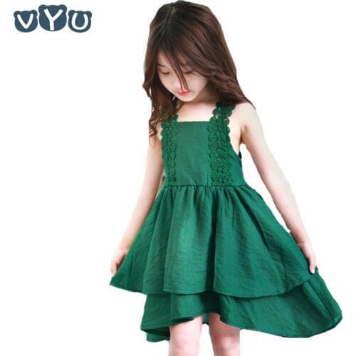 VYU Kids Dresses For Girls Children Clothing 2020 Summer Cotton Sleeveless Linen Lace Strap Dovetail Type Princess Vestido 3~10Y