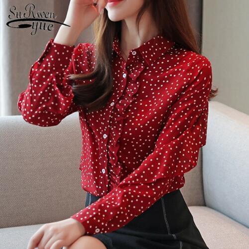 2021 New Fashion Chiffon Women Clothing Casual Elegant Women Tops Long Sleeve Turn-down Collar Dot Women Blouses Autumn 5980 50