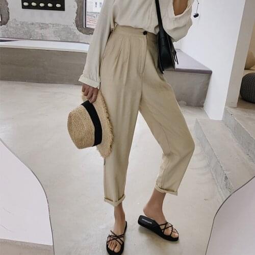 2020 Spring New Cotton and Linen Womens Casual Harem Pants Pockets High Waist Elegant Office Lady Ankle-Length Pants