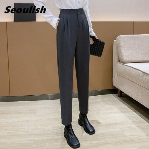 Seoulish 2021 New Formal Womens Harem Pant Elastic Waist Ankle Length Female Button Workwear Elegant Trouses Spring Summer