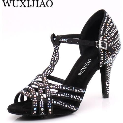 WUXIJIAO Women Party Dance Shoes Satin Shining rhinestones Soft Bottom Latin Dance Shoes Woman Salsa Dance Shoes heel5CM-10CM