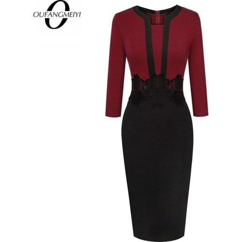 Women Wear to Work 3/4 Sleeve Contrast Color Lace Patchwork Lady Bodycon Pencil Knee Length Dress 1EB569