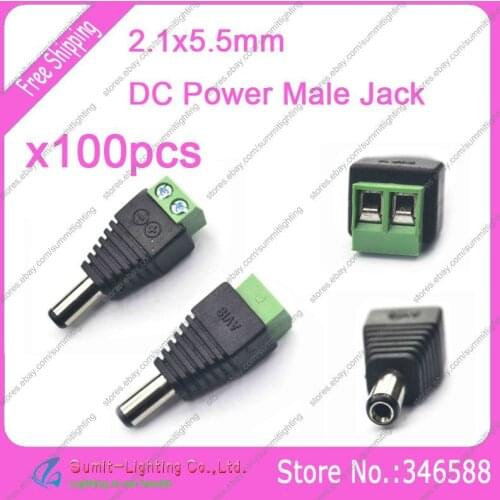 100PCS 5.5x2.1mm DC Power Male Jack Plug Cable Easy Connector Strip-to-DC Power Adapter for single color LED strip light /CCTV
