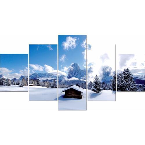5 Pieces Free Shipping Canvas Painting Wall Art Winter Snow Hut Tree Printing Painting Wall home Decoration Gift Frame
