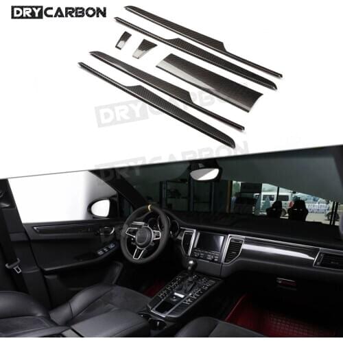 7 PCS Car Center Console Dashboard Panel Door Handle Dry Carbon Fiber Interior Trim Cover Stickers for Porsche Macan 2014-2019