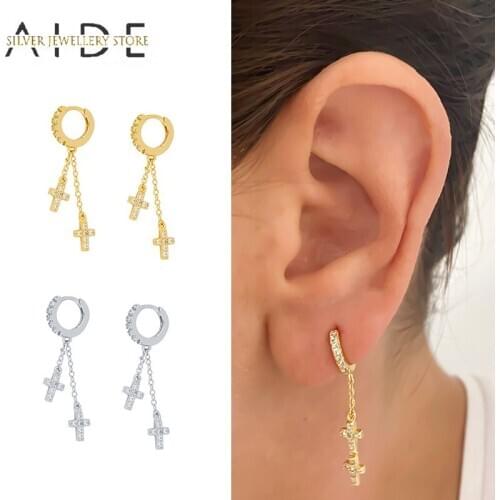 AIDE Fashion Double Cross Chain Pendientes Hoop Earrings For Women Punk Geometric INS Pierced Earings Silver 925 Jewelry Gift