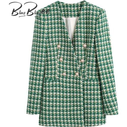 BlingBlingee Za 2021 Autumn Winter Woman Traf Coats Thick Green Blazers V Neck Ornate Buttons Female Casual Tweed Woolen Jackets