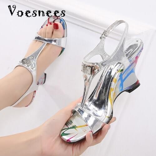 Voesnees Sexy Heels Sandals 2021 Summer New Womens Shoes Ankle Strap T-belt Wedges Heels 7cm10cm Female Color Matching Party