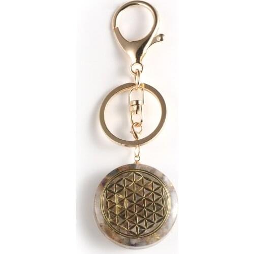 Colorful Fluorite Natural Chips Stone Orgone Key Rings Flower of Life Pendant Orgonite Energy Amulet Divination Keychain Jewelry
