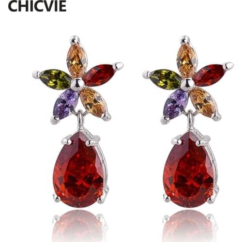 CHICVIE Silver Bridal Wedding Drop Pineapple Earnings For Women Girls Red Jewelry AAA Cubic Zirconia Crystal Earrings SER140054