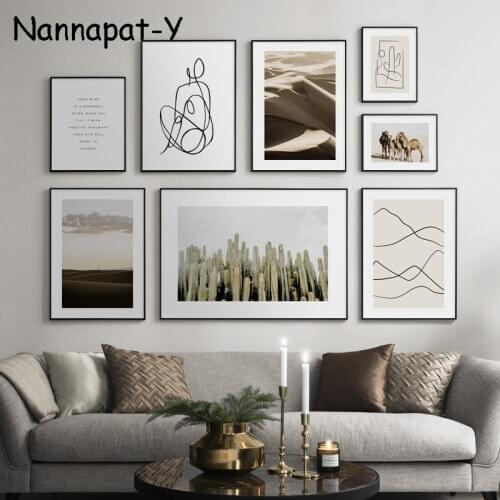Desert Cactus Camel Traveler Black Lines Wall Art Canvas Painting Nordic Posters And Prints Wall Pictures For Living Room Decor