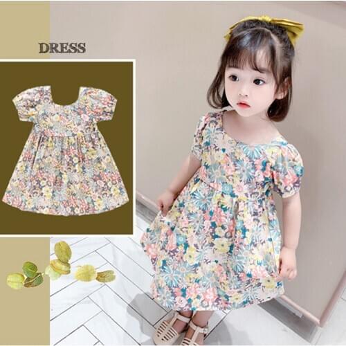 Pudcoco Baby Short-sleeved Dress with Flower Print, Cross Strap Decoration Back Cool Hollow Design Summer Clothing 2021