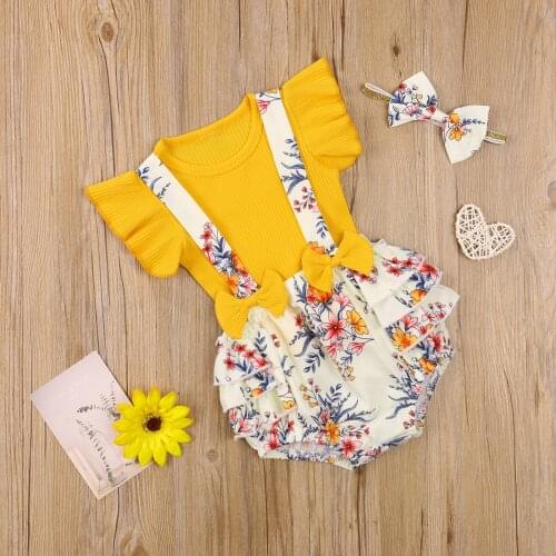Newborn Kids Baby Girls 3PCS Sets Floral Printed Clothes Knitted T shirt Tops Suspenders Shorts Headband Outfit Set Summer New