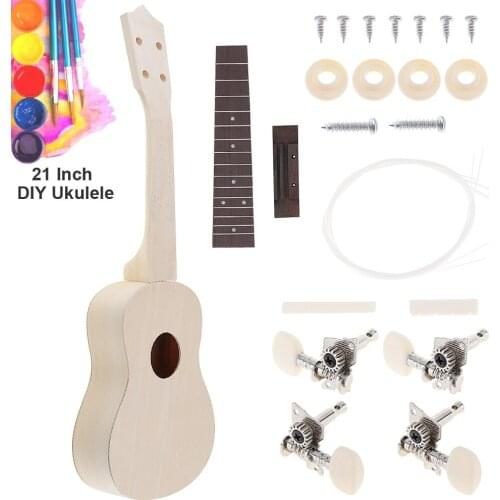 21 Inch Ukulele DIY Kit Basswood Soprano Hawaii Guitar Handwork Painting with Rosewood Fingerboard Accessories for Beginners