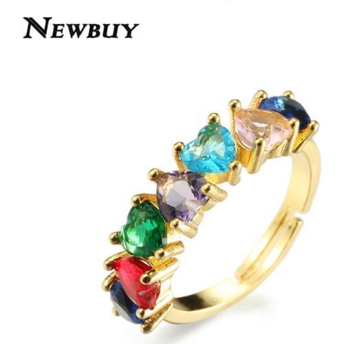NEWBUY Rainbow Color Heart Shape CZ Stone Ring For Women Girl Gold Color Women Wedding Ring Adjustable Size Engagement Jewelry