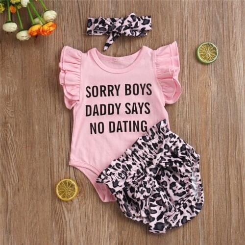 Baby Summer Clothing 3Pcs Infant Baby Girls Outfit Ruffle Sleeve Letter Romper + Leopard Print Shorts + Bow Headwear Set