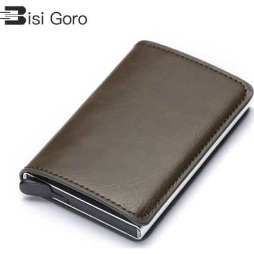 BISI GORO RFID Aluminium Alloy Credit Card Holder PU Leather Card Wallet Card Holder for Men Women Automatic Pop Up Card Case