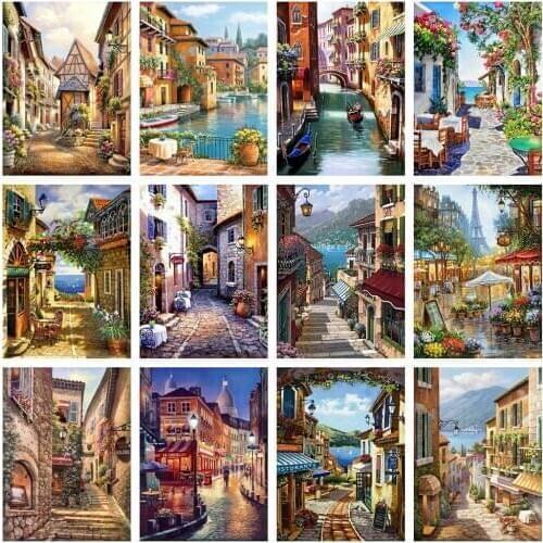 Round Diamond Painting City Embroidery Scenery Cross Stitch Kit Crafts 5D DIY Full Square Rhinestones Mosaic Home Decoration