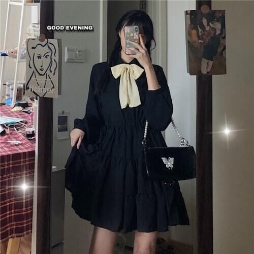 Japanese Sweet Soft Girl Autumn New Dress Sweety Bow Collar Full Sleeve Dress Kawaii Ruffled Loose Solid Color Cupcake Dresses