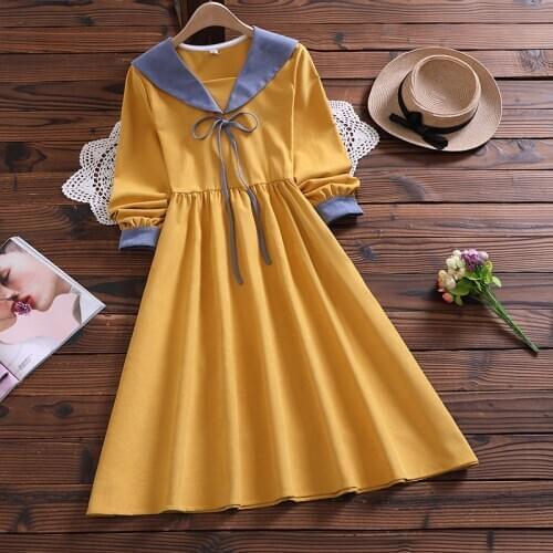 Mori girl cute sweet dress Japan style autumn fashion new arrival bow long sleeve vintage vestidos