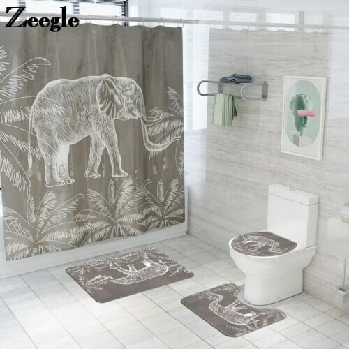 Printing Shower Curtain and Bath Mat Set Bathroom Carpet Rug Home Decor Toilet Mat Non-slip Foot Mat Toilet Seat Cover Mat Set