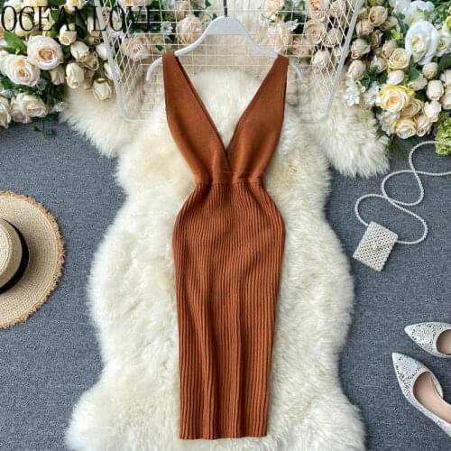 OCEANLOVE 2020 Summer Vestidos V Neck Solid Knitted Stretch Bodycon Dresses Spring Summer Vintage Backless Dress Women 16274