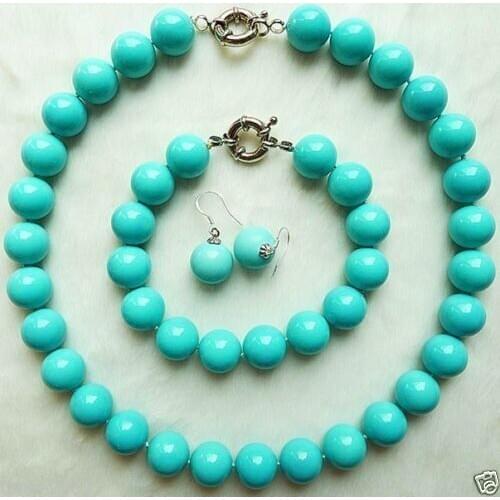 Genuine 14mm Blue South Sea Shell Pearl Necklace Bracelet Earrings Set