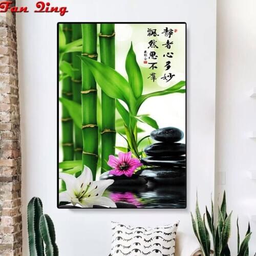 Bamboo zen black stone 5d diy diamond paintings full square round drill red flowers diamond embroidery mosaic decor