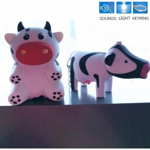 Factory direct sale Cartoon Mini milk cow LED Keychain Emit Light & Sound dairy cattle Key Pendant Keyring Kids Birthday Gifts