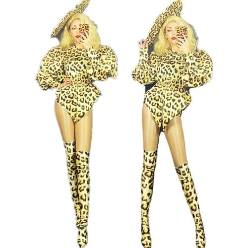 Puff Sleeve Leopard Print Turn-Down Collar Women Shirt Shorts Sashes Nightclub Costum DJ Singer Stage Wear Party Evening Costume