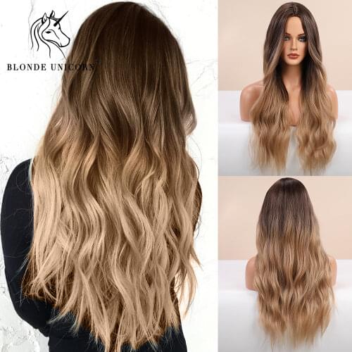 Blonde Unicorn Ombre Blonde Brown Long Wig Middle Part Hair Wig Cosplay Natural Heat Resistant Synthetic Wigs for Women