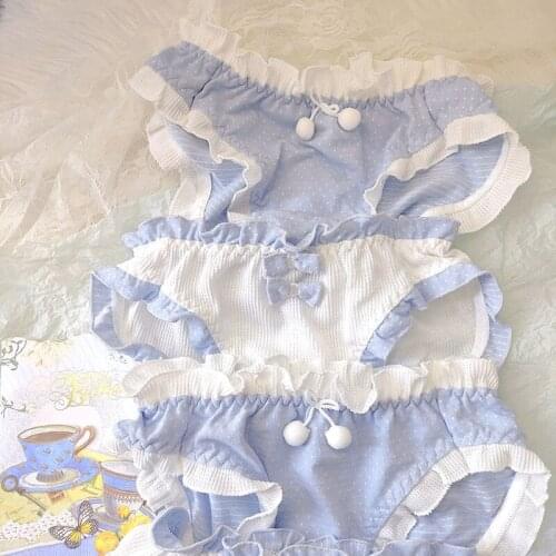 Kawaii Underpants Women Cotton Panties Briefs Seamless Lingerie Femme Blue Thongs for Young Lady Lolita Girl Panty Ruffles Hot
