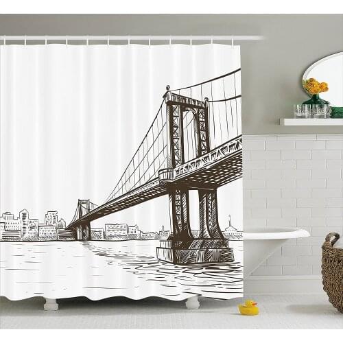 New York Shower Curtain Digital Drawn Brooklyn Bridge Unusual Graffiti Style Old Urban Cityscape Print Bath Curtain For Bathroom