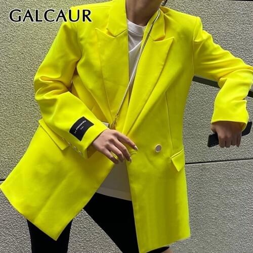 GALCAUR Solid Blazers For Women Notched Long Sleeve Patchwork Buttons Minimalist Yellow Casual Coats Female 2021 Fashion Clothes