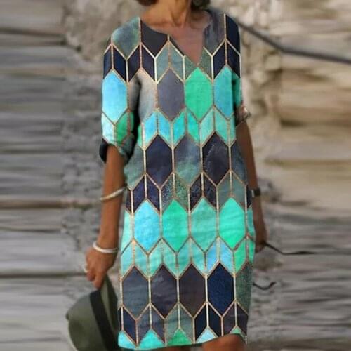 Summer V-Neck Long Sleeve Vintage Print A-Line Dresses Women New Casual Loose Skirt
