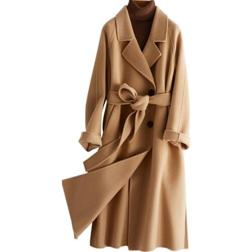 2021 Autumn and Winter New Korean Version Long Double Face Denim Coat Temperament Waist Lapel Tweed Coat Women