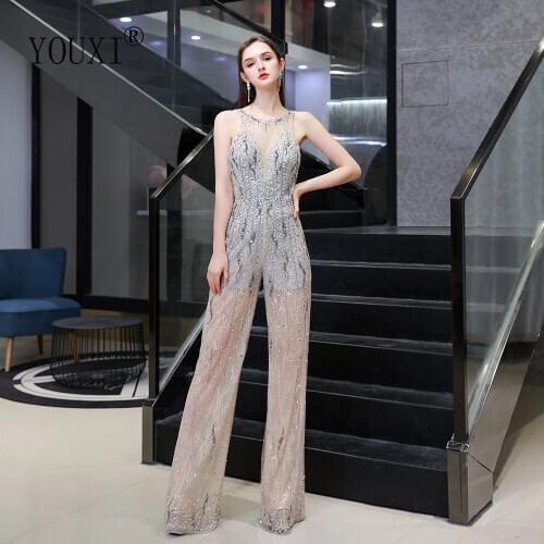 Jumpsuit Evening Dresses 2020 New Arrival Lace Beaded Crystal O-Neck Backless Dress Party for Women