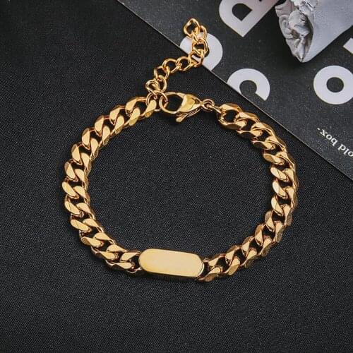 Stainless Steel Gold Hip Hop Cuba Chain Link Bracelet Bangle Men Fashion Tag Splicing Bracelets Gift For Him