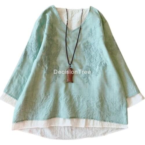 2021 women full sleeve shirts printing floral blouses chinese style vintage women shirts tops hanfu cotton linen chinese blouse