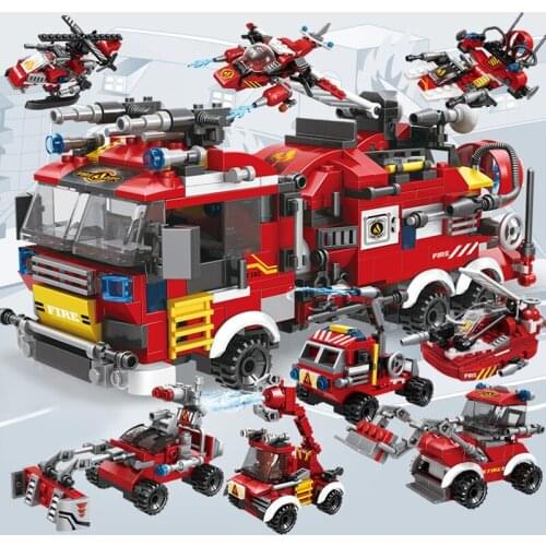 806Pcs 8 IN 1City Fire Fighting Truck Building Blocks Rescue Aircraft Model Sets Firefighter Figures Bricks Educational Toys Boy