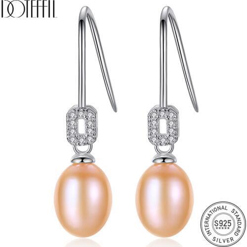 DOTEFFIL 6mm Natural Pearl White/Pink/Purple 925 Sterling Silver Zircon Drop Earrings For Women Wedding Engagement Charm Jewelry